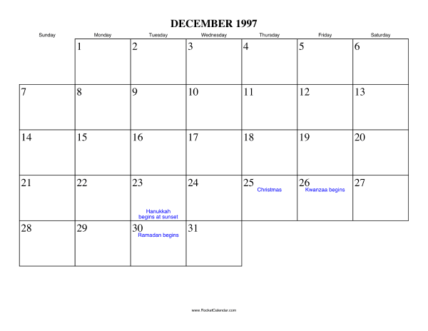 December 1997 Calendar