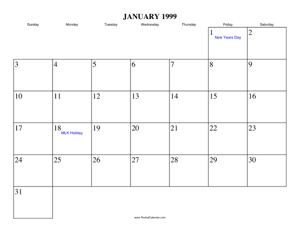 January 1999 Calendar