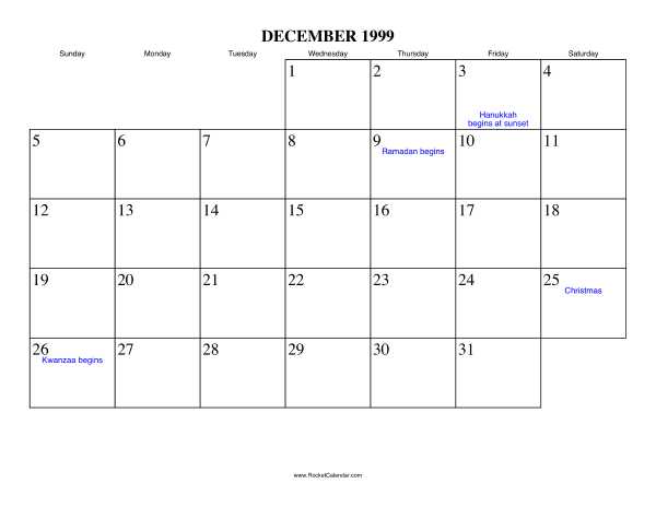 December 1999 Calendar