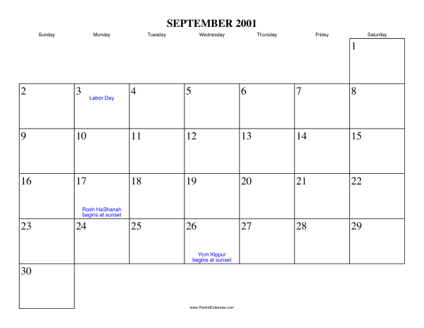 September 2001 Calendar