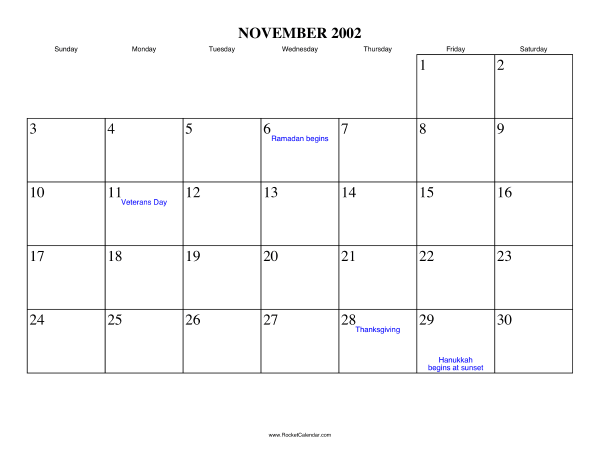 November 2002 Calendar