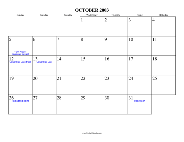 October 2003 Calendar