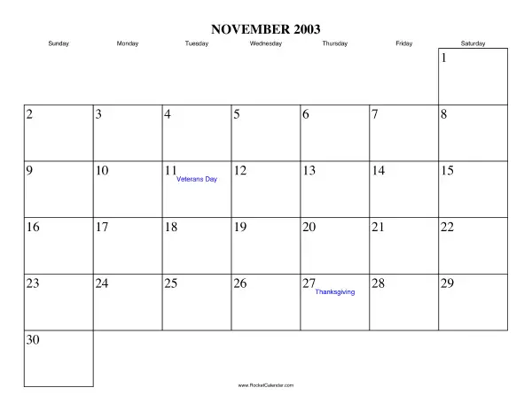 November 2003 Calendar