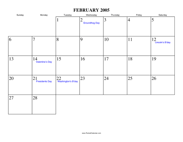 February 2005 Calendar
