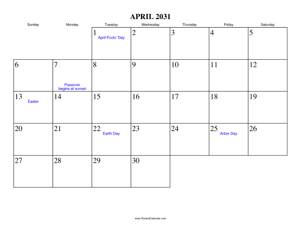 April 2031 Calendar