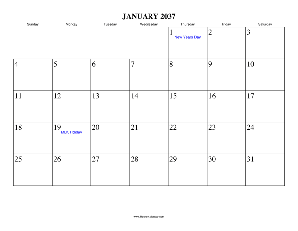 January 2037 Calendar