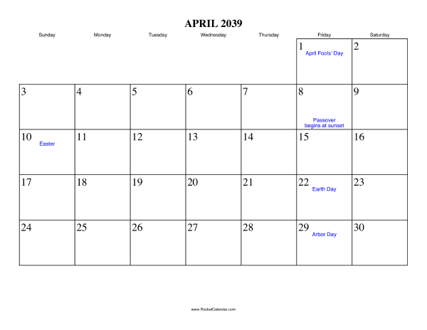 April 2039 Calendar