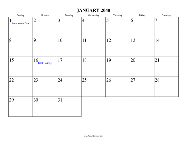 January 2040 Calendar