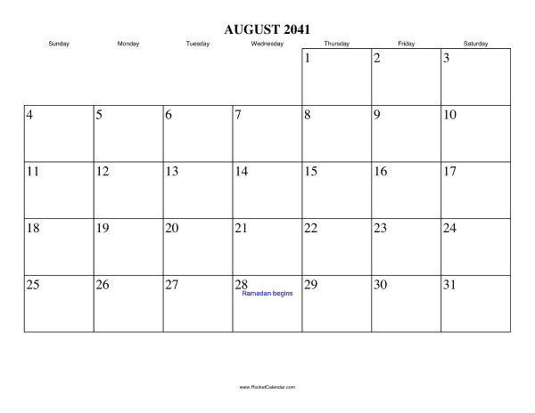 August 2041 Calendar