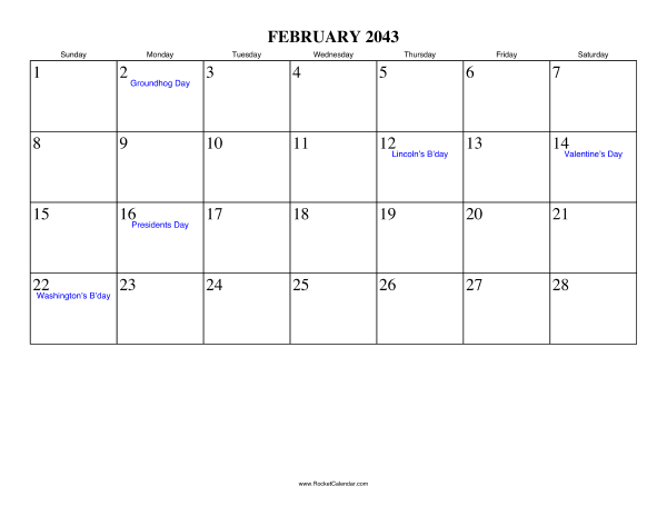 February 2043 Calendar