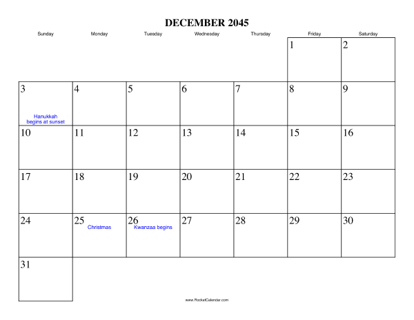 December 2045 Calendar