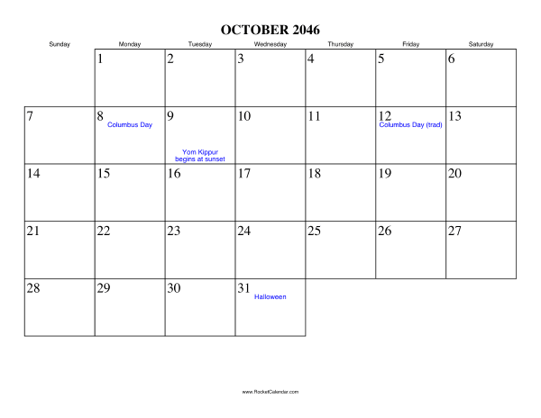 October 2046 Calendar