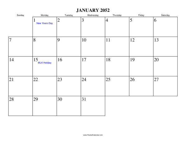 January 2052 Calendar