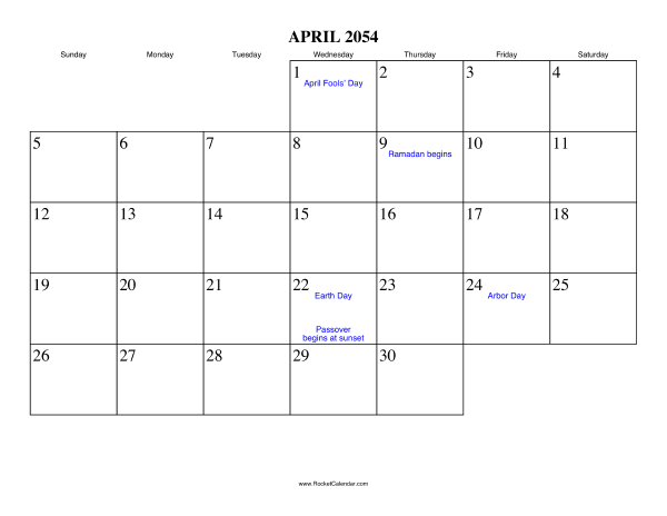 April 2054 Calendar