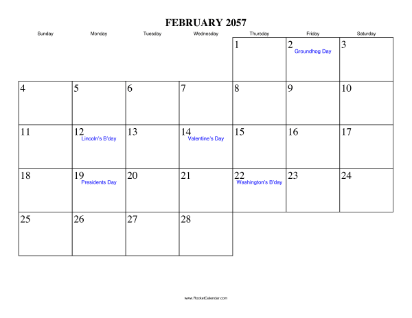 February 2057 Calendar