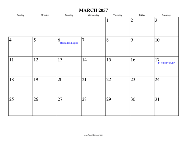 March 2057 Calendar