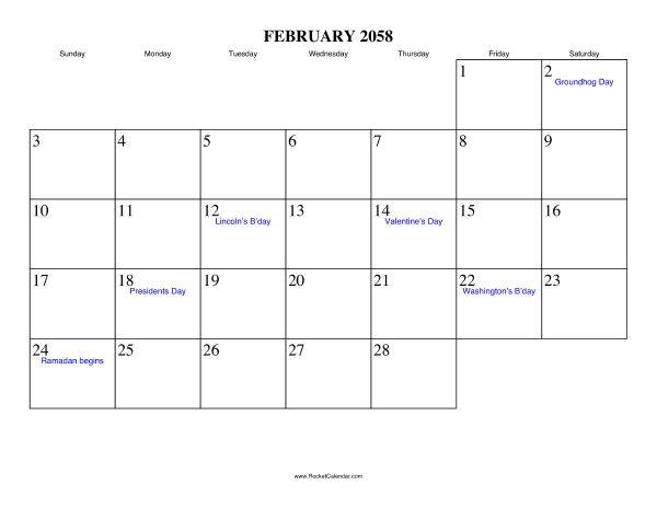 February 2058 Calendar
