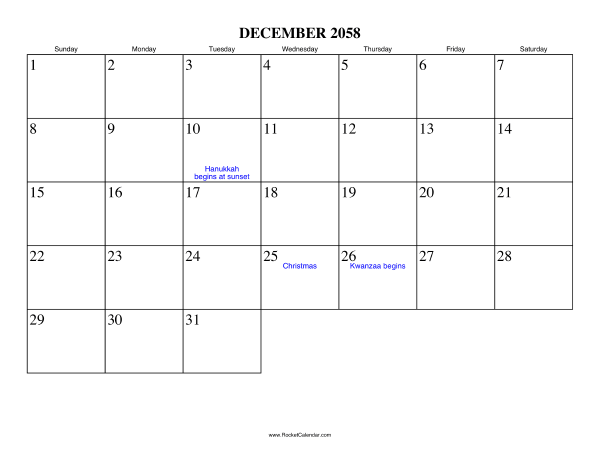 December 2058 Calendar