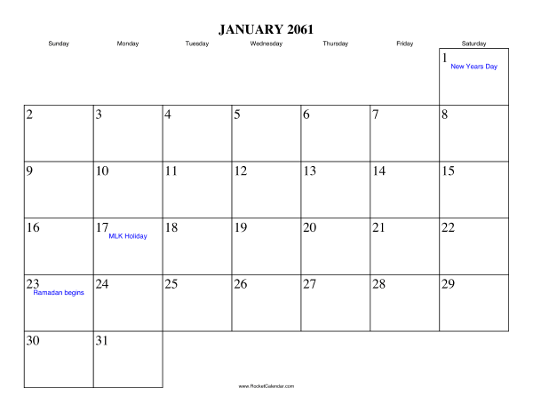 January 2061 Calendar
