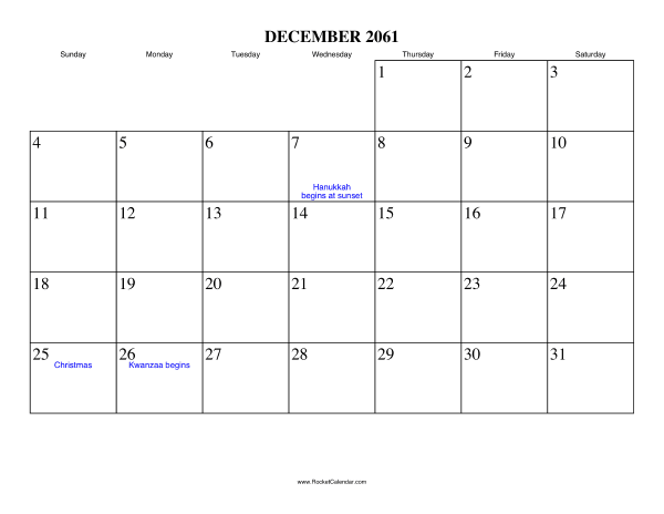 December 2061 Calendar