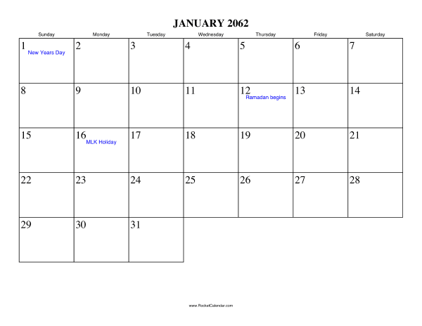 January 2062 Calendar