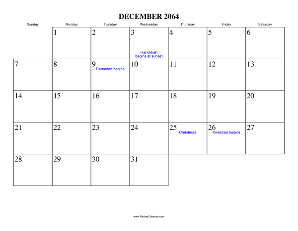 December 2064 Calendar