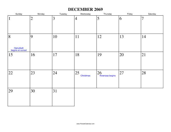 December 2069 Calendar