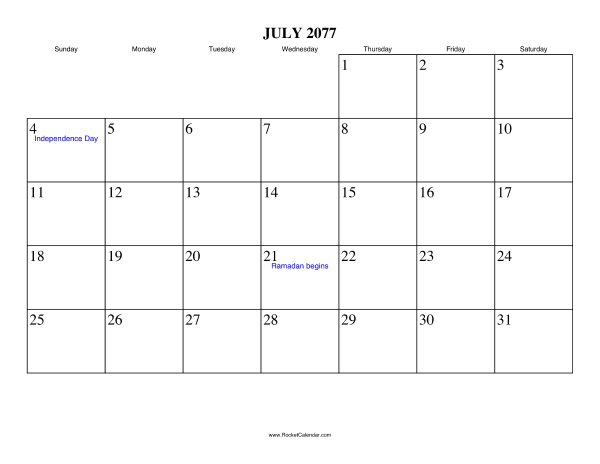 July 2077 Calendar