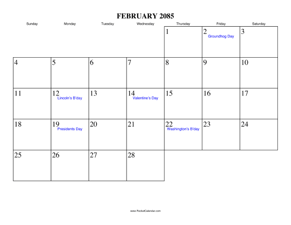 February 2085 Calendar