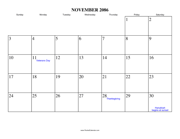 November 2086 Calendar