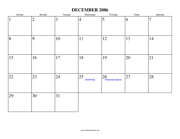 December 2086 Calendar