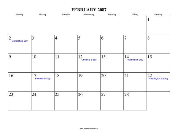February 2087 Calendar