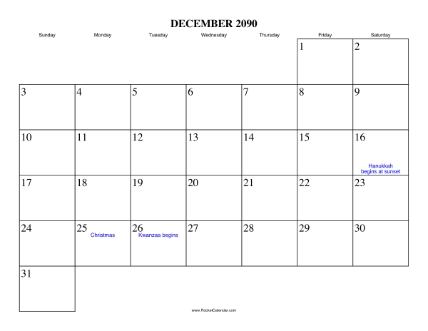 December 2090 Calendar