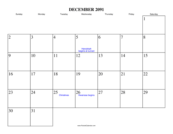 December 2091 Calendar