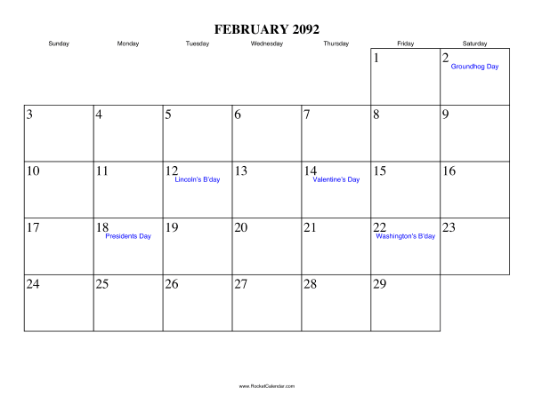 February 2092 Calendar