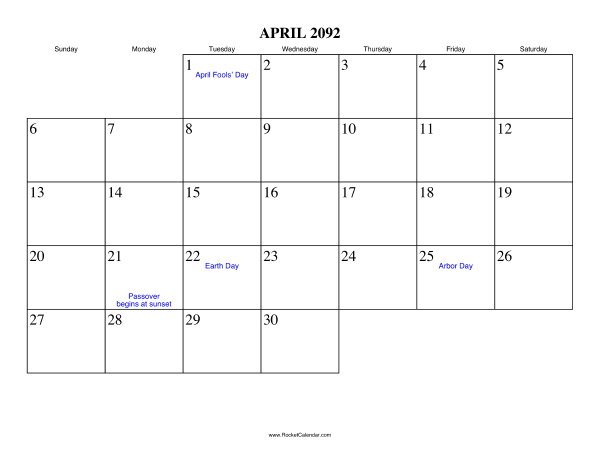 April 2092 Calendar