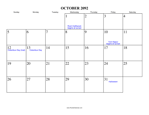 October 2092 Calendar