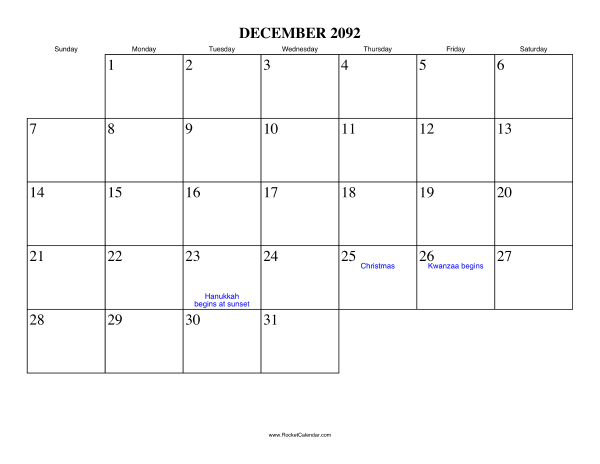 December 2092 Calendar
