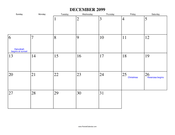 December 2099 Calendar