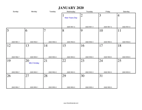 January 2020 ISO Calendar