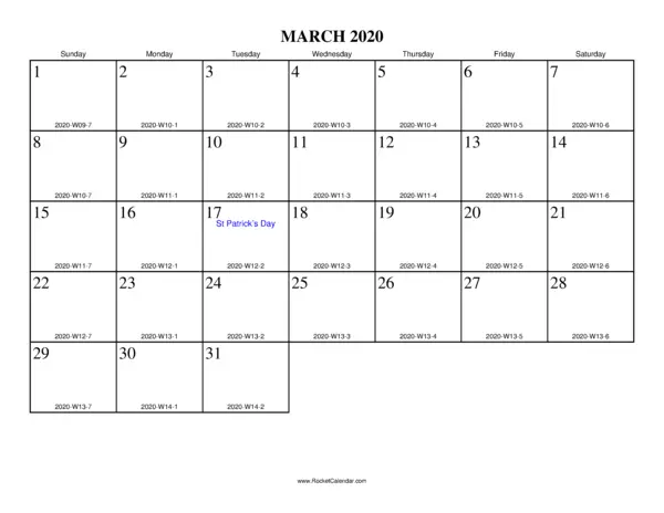 March 2020 ISO Calendar