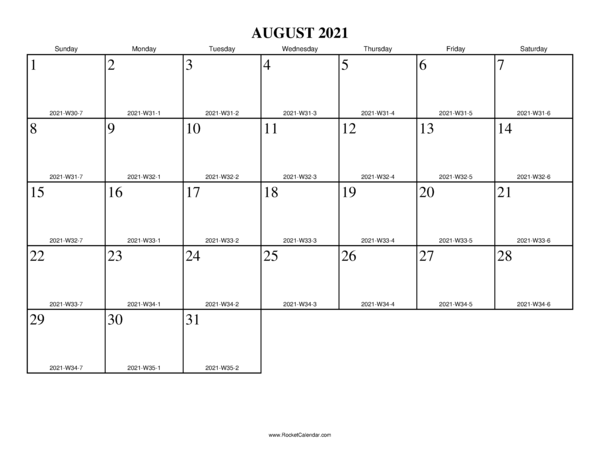 August 2021 ISO Calendar