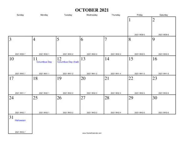 October 2021 ISO Calendar