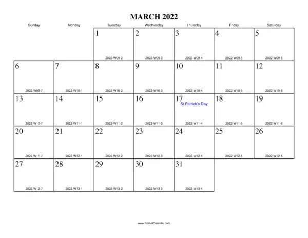 March 2022 ISO Calendar