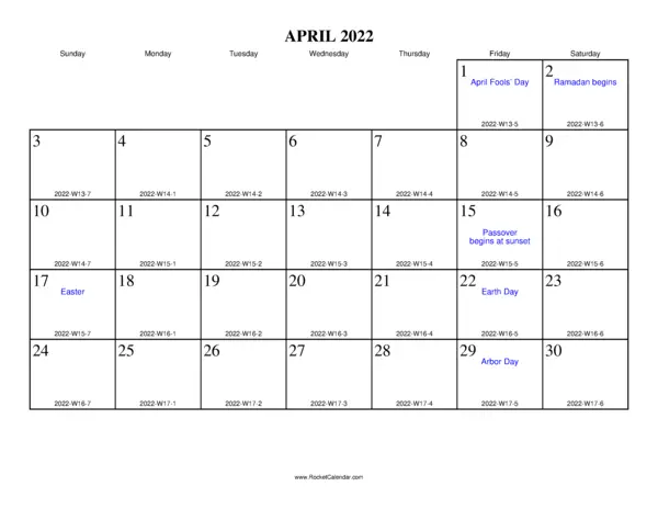 April 2022 ISO Calendar