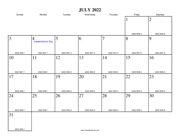 July 2022 ISO Calendar