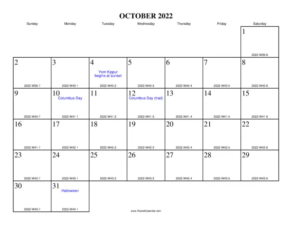 October 2022 ISO Calendar