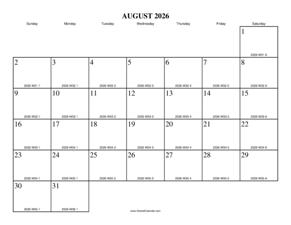August 2026 ISO Calendar