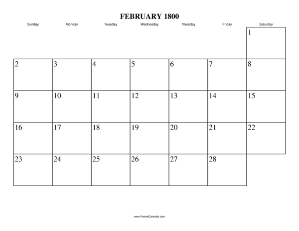 February 1800 Calendar