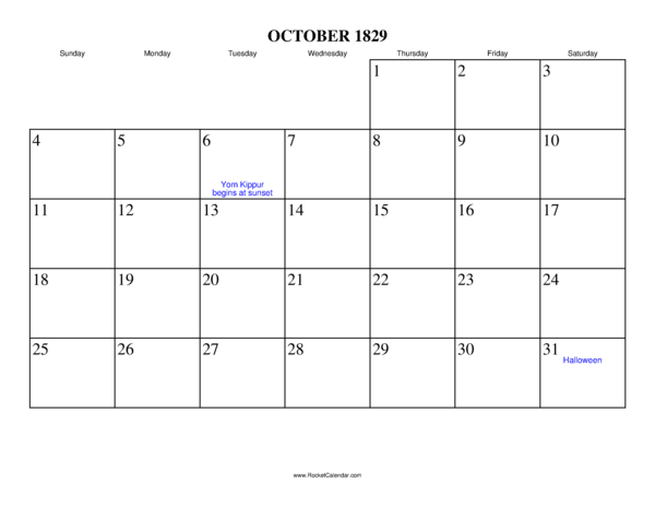 October 1829 Calendar